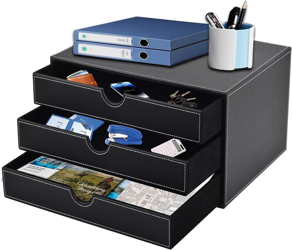 PU Leather Desk Organizer with 3 Drawers, Black Executive Office Supplies Desktop Filing A4 File Cabinet for