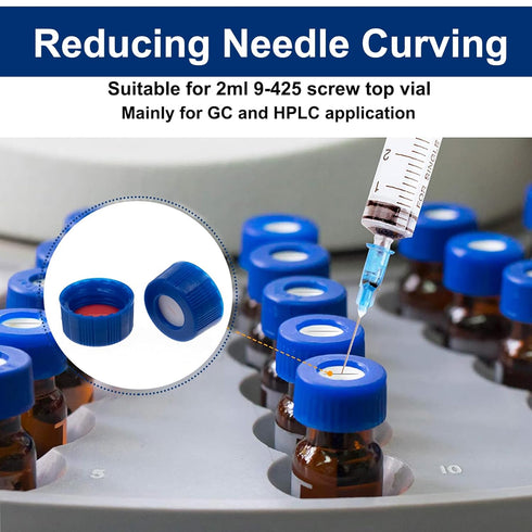 200PCS 2ml HPLC Autosampler Vial Caps, 9mm Blue 9-425 Ribbed Screw Caps with Red PTFE & White Silicone Liner, Pre-Slit.