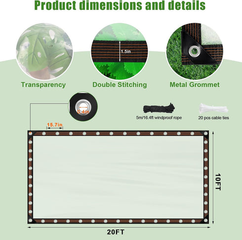 NNG 10x20ft Grommet, Clear Waterproof Tarps Heavy Duty Transparent Tarpaulins Clear Vinyl Tarps with Outdoor