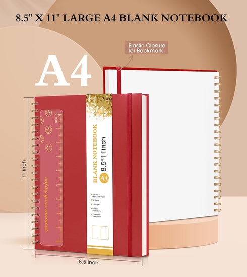 Blank Spiral Notebook Journal 8.5” x 11”, A4 Large Sketch Book for Women Men, 100 GSM Blank Paper Drawing Notebook, Plastic Hardcover Spiral Bound Sketchbook for Sketching Work School Writing, Red by UEBZFOCS