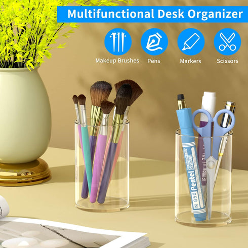 NIUBEE Acrylic Pen Holder 2 Pack,Clear Desktop Pencil Cup Stationery Organizer for Office Desk Accessory -Round by NIUBEE