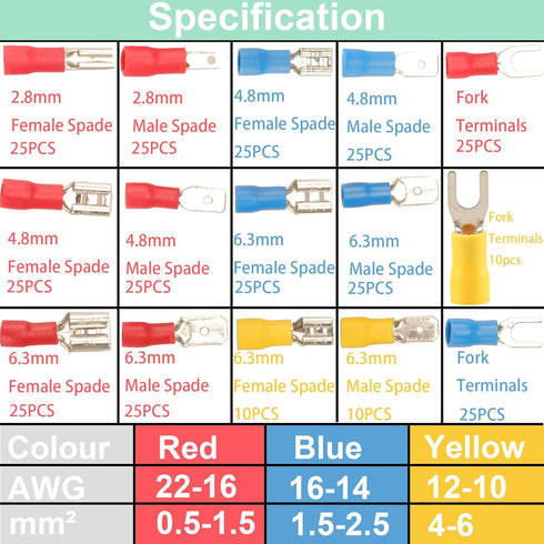 330PCS Crimp Connectors, 2.8mm 4.8mm 6.3mm Male and Female Spade Connector Kit, 15 Types