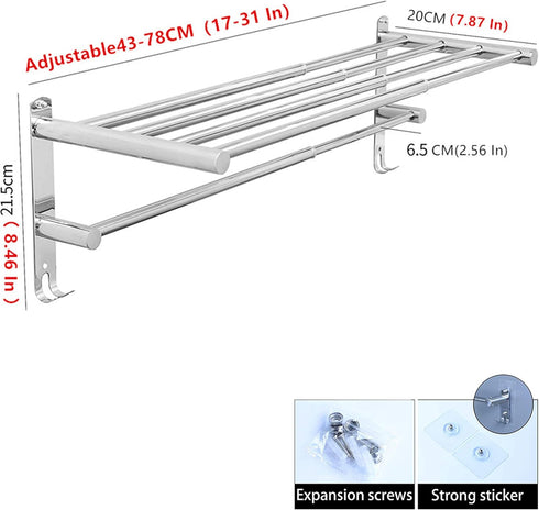 lanliebao 20-30 Inche 304 3M 2-Tier Towel Bars Retractable Stainless Steel Bath Towel Rack Strong Adhesive Bathroom