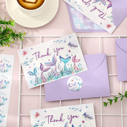 50 4 6 Inch Whaline Pcs Mermaid Thank You Cards Greeting Cards Purple Glitter Boxed Blank Note Card with Envelope