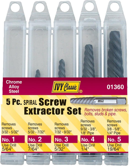IVY Classic 01360 5-Piece Spiral Screw Extractor Set, Chrome Alloy-Steel, Sturdy Plastic Case