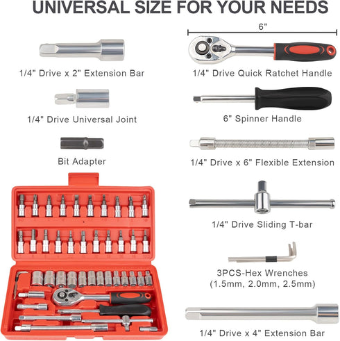 46PCS Set, 1/4 Inch Set Set Beaiguna Small Drive Socket Ratchet Wrench Screwdriver Metric Socket and Ratchet Wrench