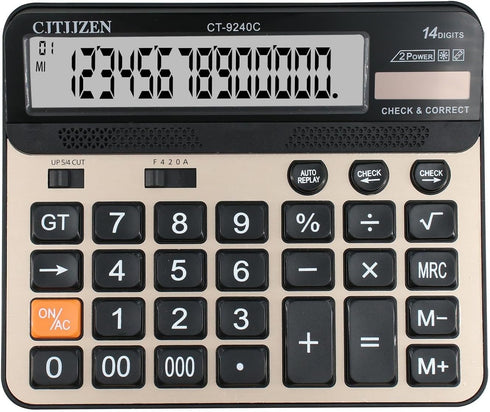Large Mechanical Calculator, Dual Power Desk Calculator 14 Digit, Extra Large 5In LCD Display for Office, Home, School