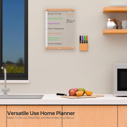 Clear Glass Weekly Dry Erase Calendar Whiteboard, 15x11" Menu & Meal Planner for Home Kitchen, Wood Marker Holder and 4