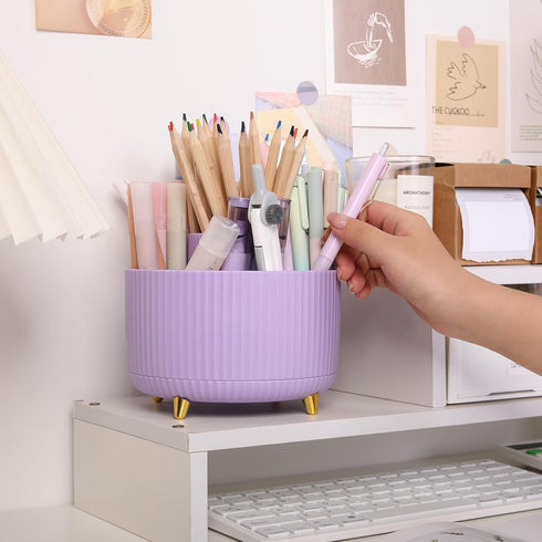 SKYDUE 360 Degree Rotating Desk Organizer, Dual-Purpose Pencil Pen Holder for Desk, Rotating Desk Pen Organizer with 5 Slots, Art Supplies, Pencil Cup for Office, School, Home (Purple) by SKYDUE