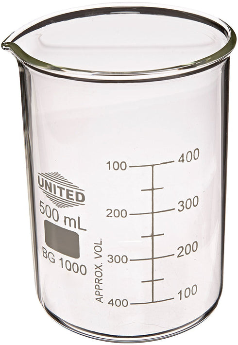 United Scientific BG1000-500 Borosilicate Glass Beakers, 500mL, Graduated with Spout, Pack of 6
