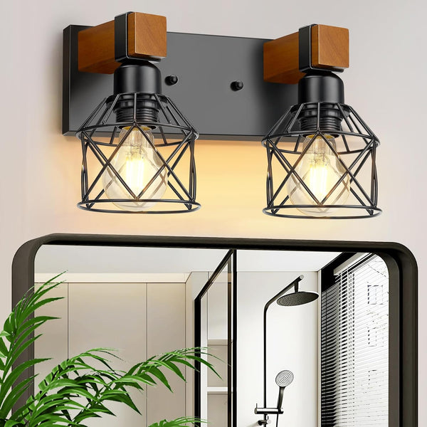 Ablwigh 2-Light Farmhouse Bathroom Light Fixtures Over Mirror, Rustic Wood Vanity Lights for