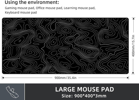 Rinaze Extra Large Gaming Mouse Pad with Black Topographic, XXL Mousepad, Big Mouse Mat Desk Pad, Non Slip Keyboard Pad