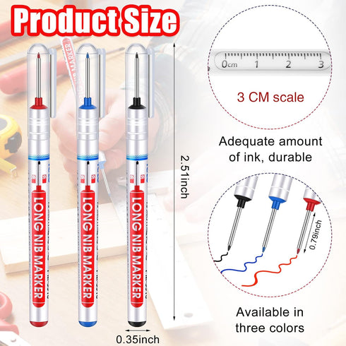 Multi-purpose Deep Hole Marker Pens, Long Nosed Marker for Woodworking, 12 Pieces