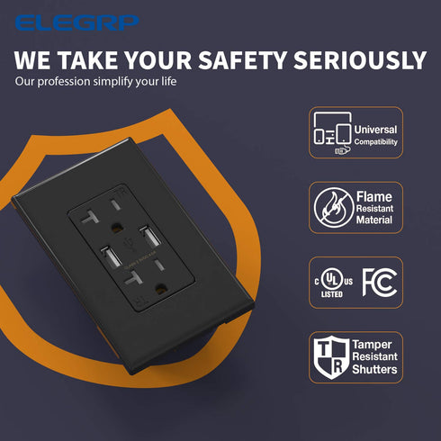 ELEGRP USB Wall Outlet Receptacle, 20 Amp Duplex Tamper Resistant, Dual 4.0 A USB Ports, Wall Plate Included, Glossy