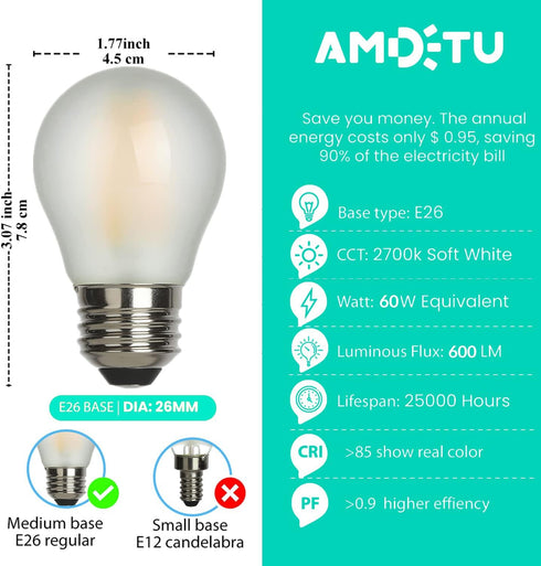 AMDTU E26 Globe Light Bulbs, Frosted G16.5, 60 watt, 600lm, 2700k Soft White, 6 Pack