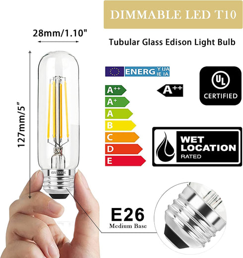 5 Inch E26 Bulb 80 3000K Bulb 6W Dimmable, 800LM T10 T9 Bulbs 120V 4Pack Led Equal Watt, Warm White Edison Clear Glass