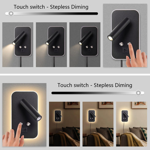AWEKLIY Dimming, 3000K Wall-Mounted LED Bedside Reading Light Plug-in, with USB Charging Port, Stepless Touch Warm