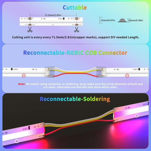 18ft 12V RGB Smart IC COB LED Strip Light Addressable Chasing Color LED Light Strip Multicolored Flexible RGB Lights