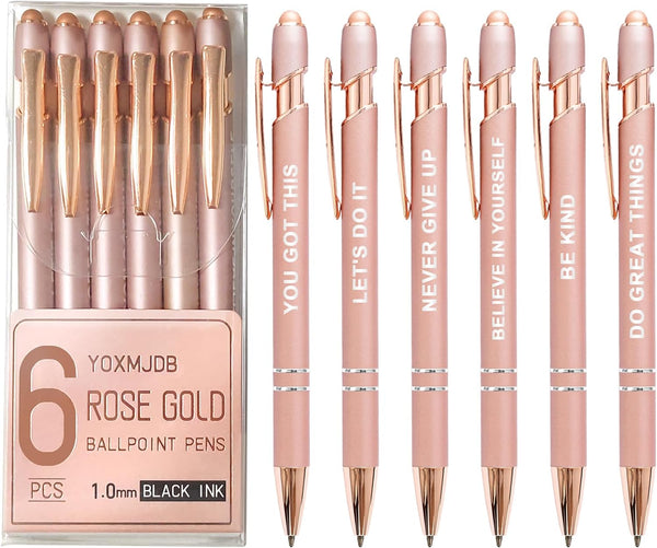 Stylus Pens for Touch Screens, 6 Pack Rose Gold Inspirational Ballpoint Pens, Cute Office Supplies for Women