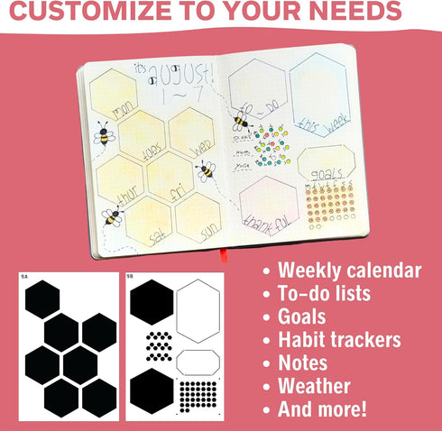 Speedy Spreads Journal Stencils x6 (Weekly Layouts #3) for A5 Bullet Dot Grid Journal Notebook by Sunny Streak.