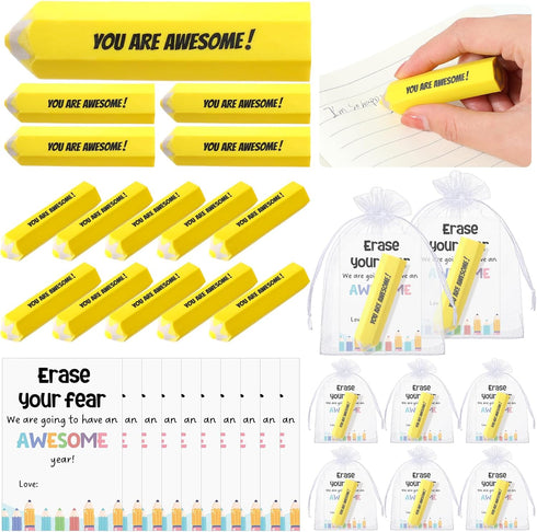 Spakon 25 Sets First Day of School Gifts, Inspirational Erasers & Organza Bag for Students