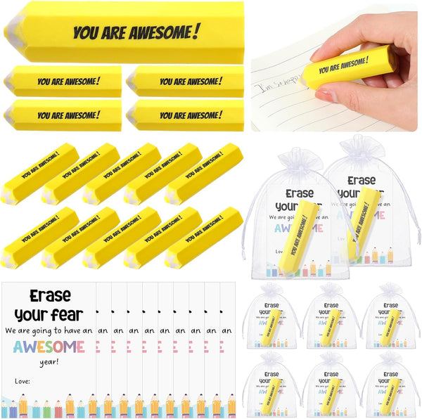 Spakon 25 Sets First Day of School Gifts, Inspirational Erasers & Organza Bag for Students