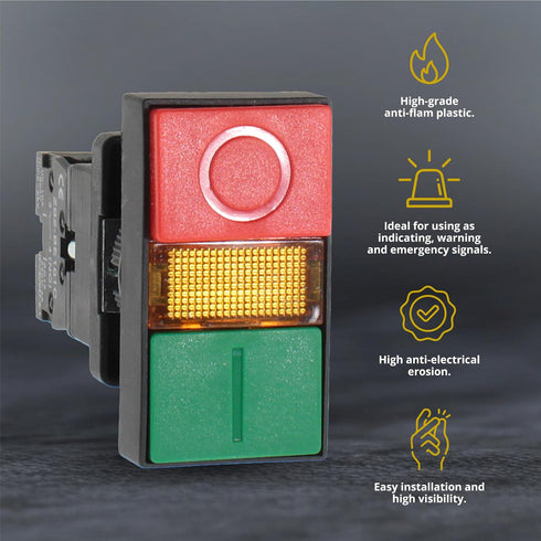 Double Head Push Button with Signal Lamp – On/Off Start/Stop Switch for Home and Industrial Equipment (1 Unit)