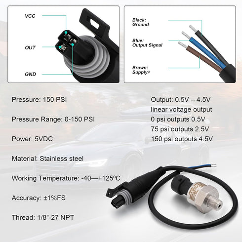 150 PSI Pressure Transducer Sender Sensor with 1/8" -27 NPT Stainless Steel Thread for Oil Fuel Air Water