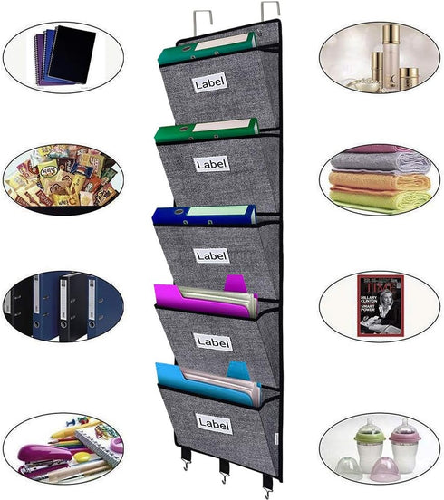 homyfort Over the Door File Organizer with 5 Extra Large Pockets, Hanging File Folders for Mail, Notebooks, Black with