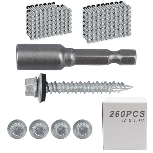 Metal Roofing Screws #10 x 1-1/2 inch Galvanized Hex Head, 260-PCS Self Tapping Screws with Test Hex Socket