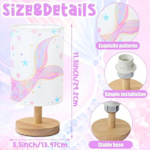 Mermaid Table Lamp for Kids Bedroom - Mermaid Tail Pastel Kids Bedside Lamp with Linen Wooden Nightstand Nursery