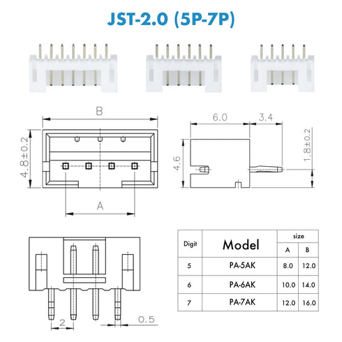 JST PH 2.0 mm Pitch 5-Pin/6-Pin/7-Pin Electronic Connector Kit, 90 Sets/730 Pieces Wire-to-Board Adapter