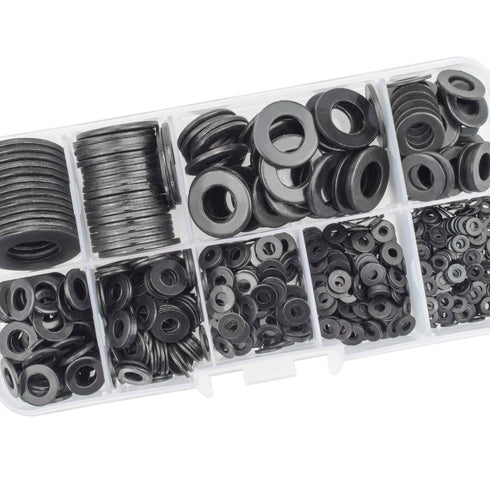 Black Zinc Plated Alloy Steel Flat Washers Set, 580 Pieces in 9 Sizes - M2 M2.5 M3 M4 M5 M6 M8 M10 M12