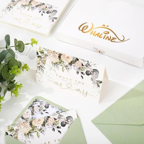 50 Pack Whaline Floral Wedding Thank You Cards Flower with Eucalyptus Leaves Mr & Mrs Thank You Greeting Note Cards