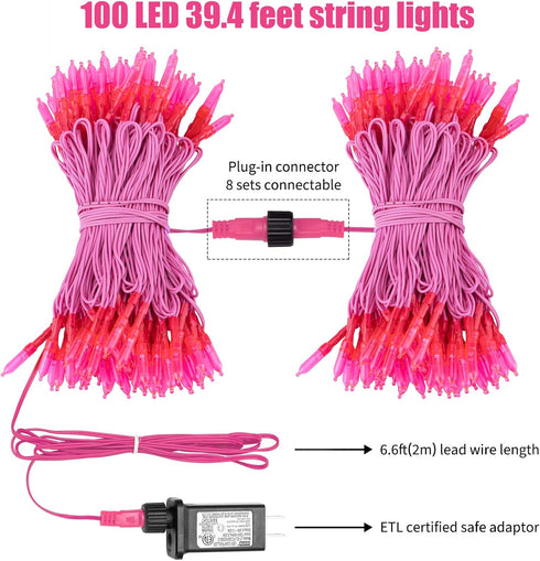39 100 8 Minetom Pink Mini Christmas Lights - Feet LED Fairy String Lights with Lighting Modes Waterproof Connectable