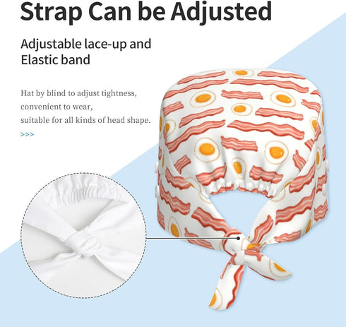 Nurse Scrub Cap Men Women with Buttons - Cute Eggs Bacon Print Soft Comfy Surgical Cap, Adjustable Tie Back Scrub Nurse