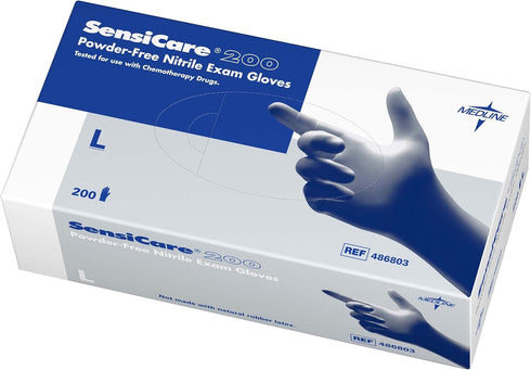 Medline - 486803R SensiCare 200 Nitrile Exam Gloves, Disposable, Powder-Free, Blue, Large,