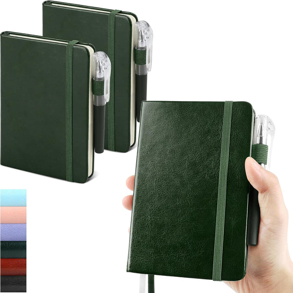 Small College Ruled Notebook, 3 Pack (Green) 3.7x5.7 in Mini Hardcover Journaling Notebooks with Pens