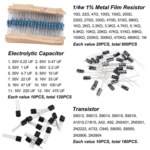 1400Pcs Basic Electronics Component Assortment Kit, Electrolytic Capacitor, Ceramic Capacitor, LED Diode, Resistor