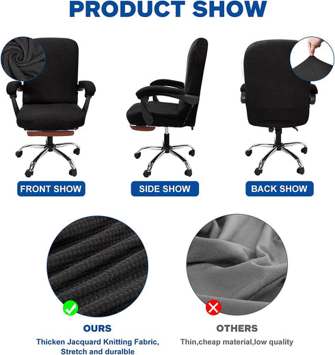 NeColorLife Stretchable Office Chair Cover with Armrest Covers, Large Size, Black, Thick Checked Jacquard