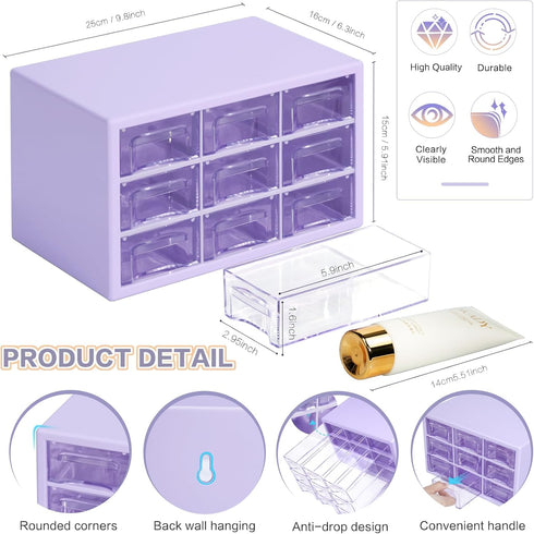 Desk Storage Organizer with 9 Drawers, Clear Plastic Storage Cabinet for Makeup, Office, Craft, and Art Supplies