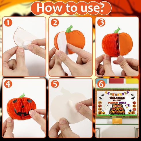 Halloween Pumpkin Honeycomb Balls Bulletin Board Set, Cutouts for Classroom Birthday Party Decor with Ghosts and Bats
