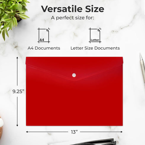 Plastic Envelopes, 12 Pack Document Folders, A4 Size, Snap Closure, Reusable Plastic File Folder, Poly Envelopes