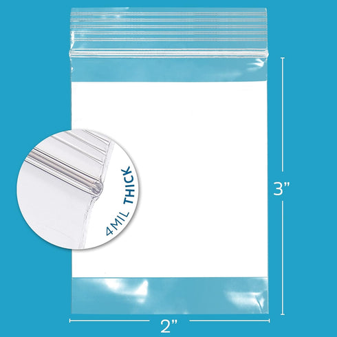 GPI - 2" x 3" - Bulk Pack of 100, 4 Mil Thick, Heavy Duty, Clear Plastic Reclosable Zip Bags, with Write-on White Block for Labeling, Strong & Durable Poly Baggies with Resealable Zipper Top Lock. by GPI