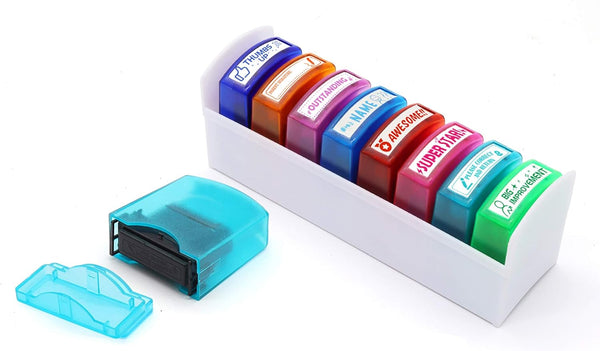 Reliancer 8PCS Teacher Stamp Set, Colorful Self-Inking Motivation Stamps for Classroom Homework Rating with Storage Tray