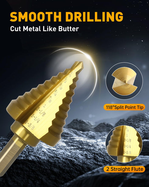 COMOWARE Step Drill Bit for Metal, Titanium Coated, Double Cutting Blades, 10 Sizes from 1/4” to 1-3/8"