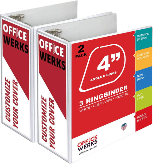Performore 3 Ring Binder, Professional Angle D Ring Binder 4 Inch, Crystal Clear View White Binder (2 Pack)