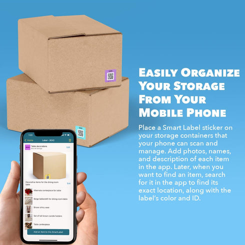QR Code Smart Labels | Color Coded Scannable Stickers for Storage Bins, Moving Containers & Organization | Pack and Track Inventory on iOS & Android App | Pack of 48 (Modern) by Smart Labels