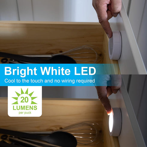 20 Closet, 2-Pack 25434 GE Wireless LED Tap-Lights, Battery Operated, Lumens, Touch-Activated Puck Lights, Stick-On