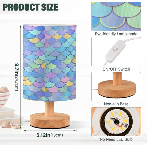 ALAZA Cute Fish Mermaid Scales Bedside Table Lamp with USB Port for Bedroom Nightstand Lamps Night Light Linen Fabric